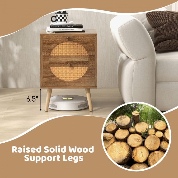 Set of 2 Rattan Nightstand with 2 Drawers and Solid Wood Legs-Natual