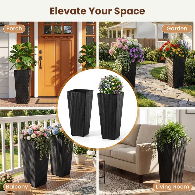 Set of 2 Rattan Tall Plant Pots with Detachable Plastic Liners-Black