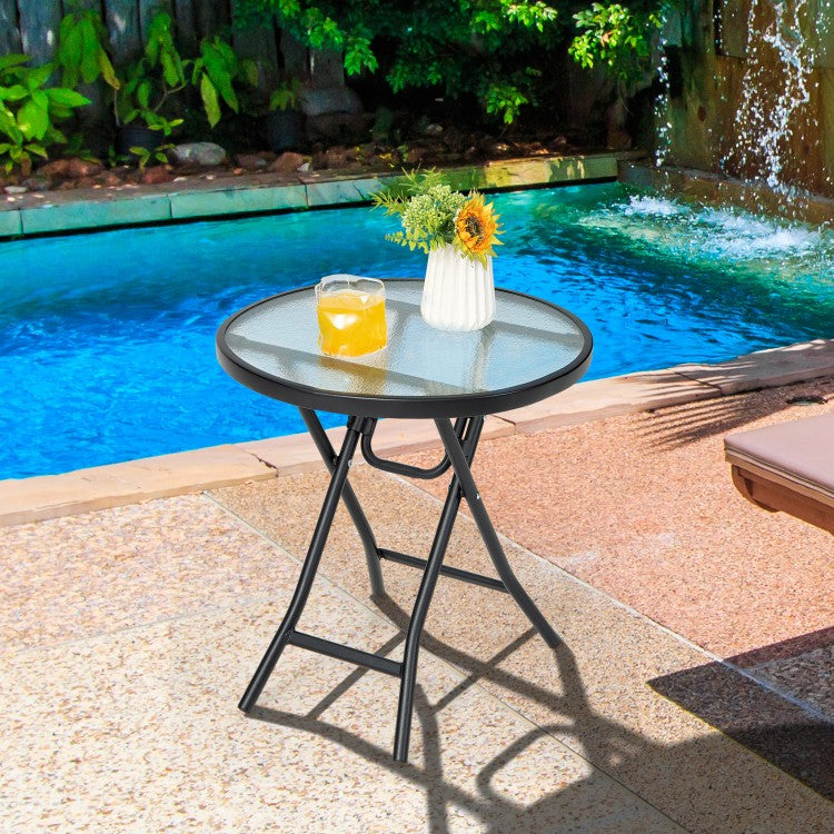 Set of 2 Folding Round Patio Side Tables with Tempered Glass Tops