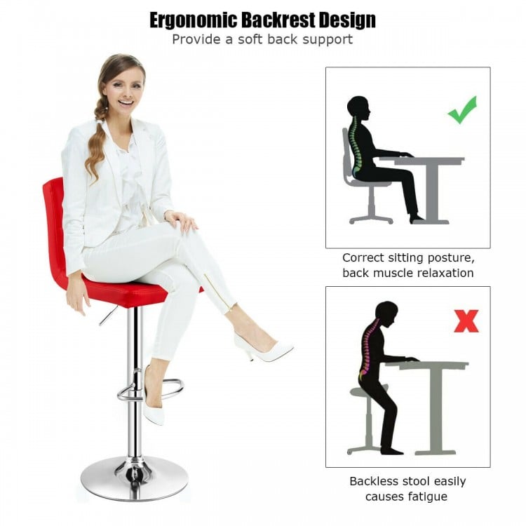 Set of 2 Square Swivel Adjustable PU Leather Bar Stools with Back and Footrest-Red