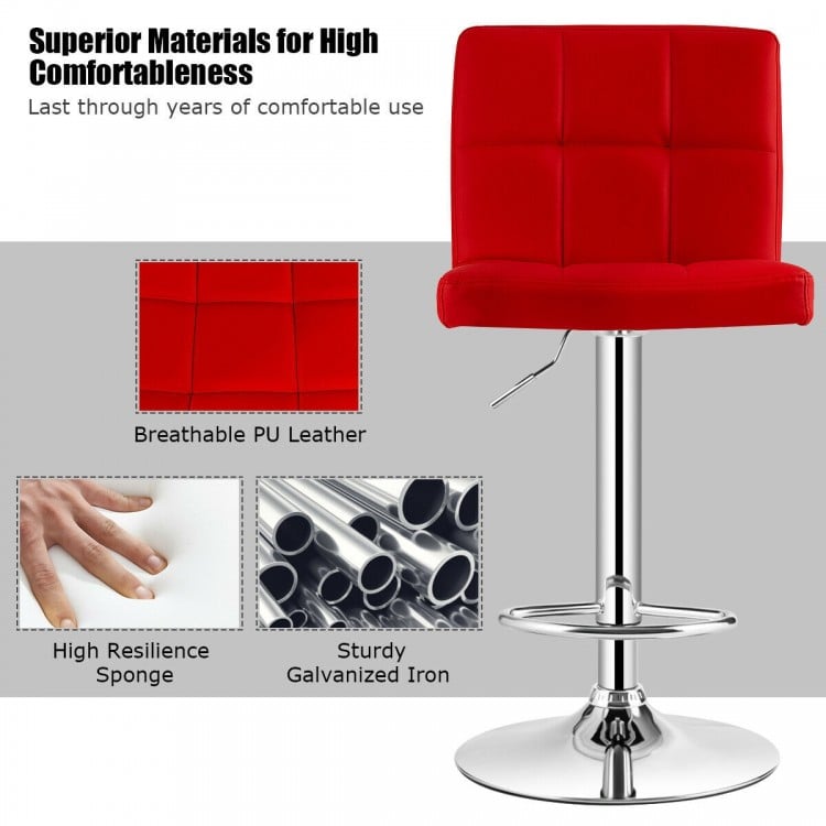 Set of 2 Square Swivel Adjustable PU Leather Bar Stools with Back and Footrest-Red