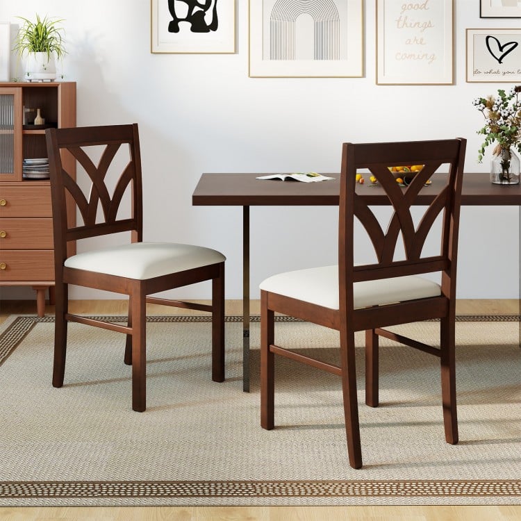 Set of 2 Wooden Dining Chairs Upholstered with Hollowed Backrest and Soft Padded Seat-Brown