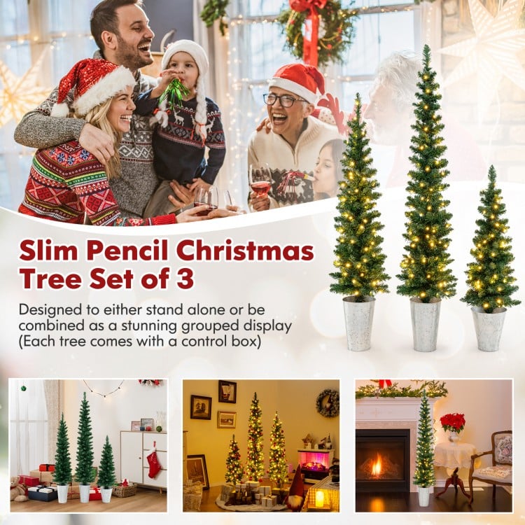 Set of 3 Pre-Lit Artificial Christmas Trees with 230 Warm White LED Lights