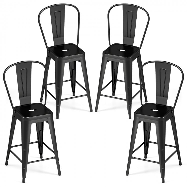 Set of 4 Metal Bar Stools with Backrests and Footrests-Black