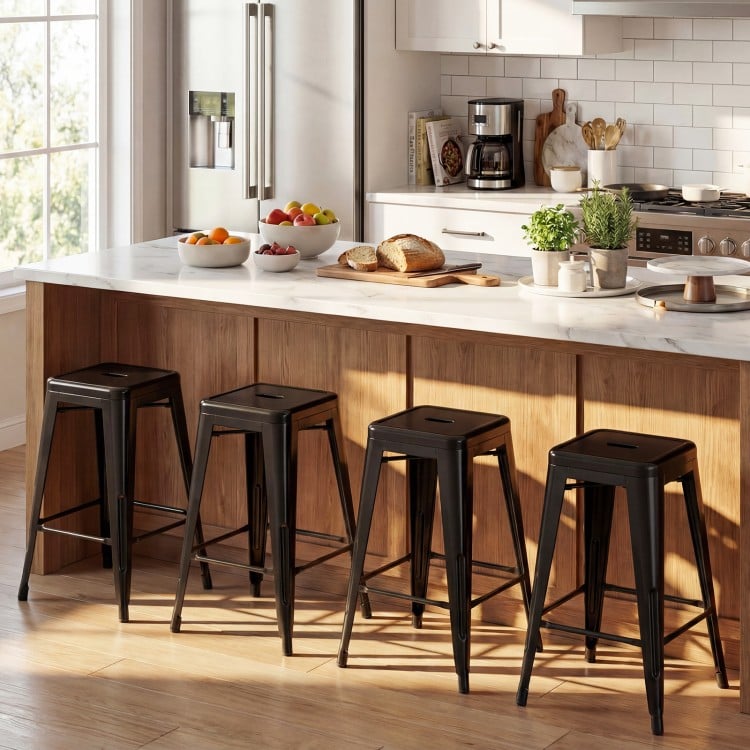 Set of 4 Metal Bar Stools with Backrests and Footrests-Black