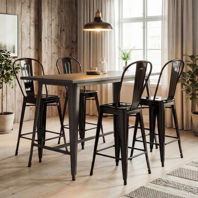 Set of 4 Metal Bar Stools with Backrests and Footrests-Black