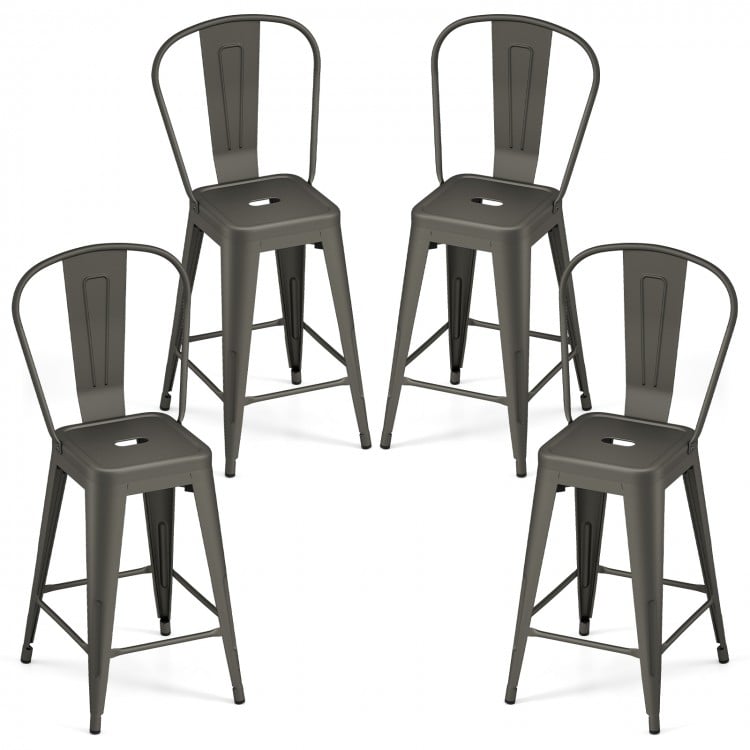 Set of 4 Metal Bar Stools with Backrests and Footrests-Gun Metal