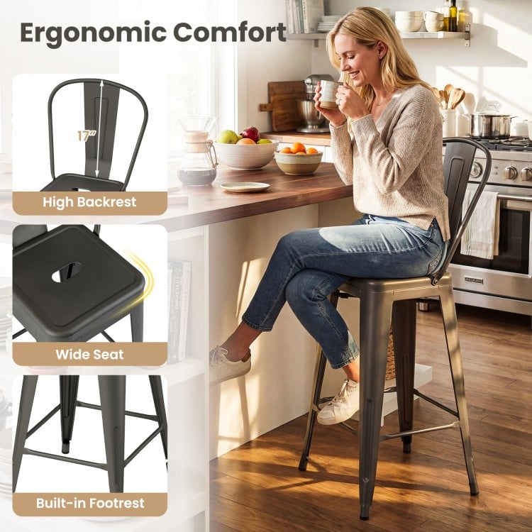 Set of 4 Metal Bar Stools with Backrests and Footrests-Gun Metal