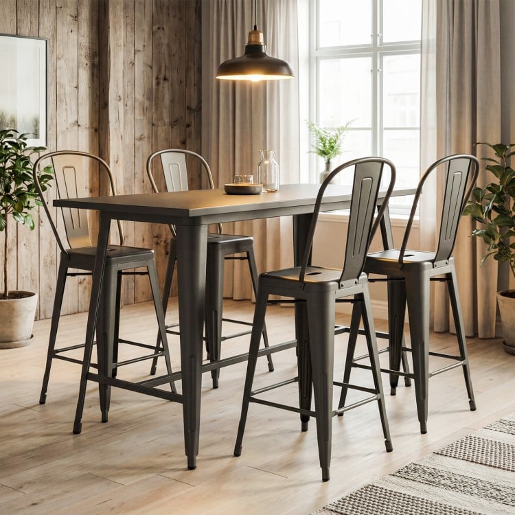 Set of 4 Metal Bar Stools with Backrests and Footrests-Gun Metal