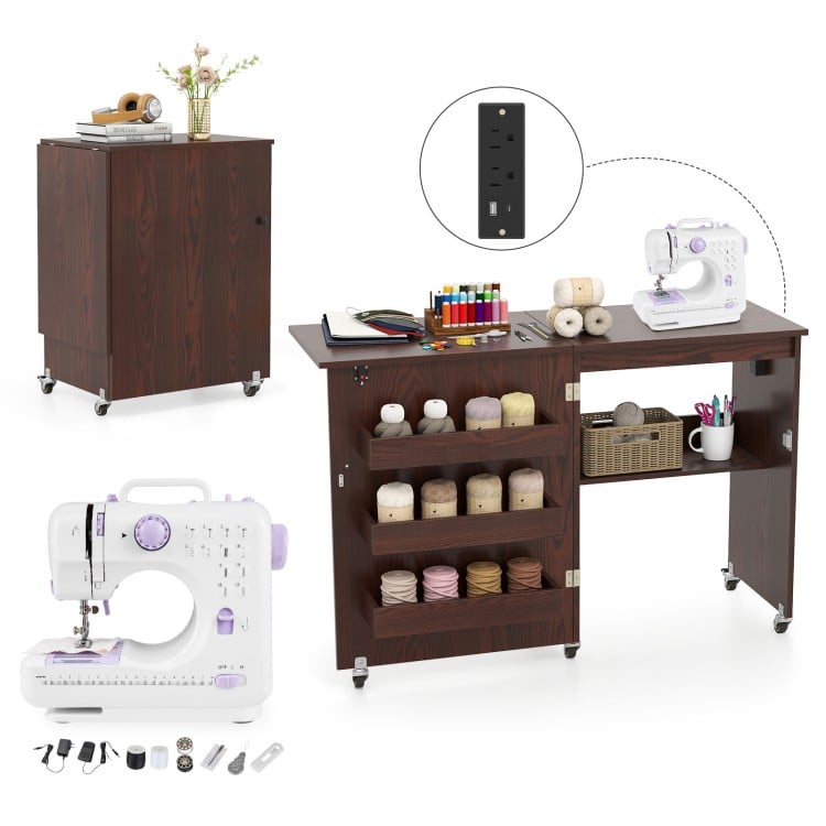 Sewing Machine Table with Charging Station and Lockable Casters-Brown