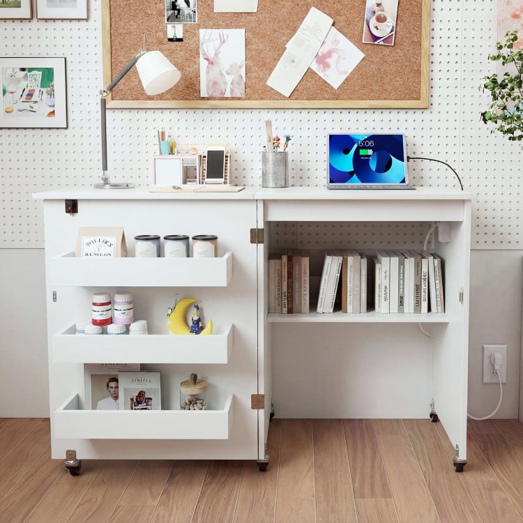 Sewing Machine Table with Charging Station and Lockable Casters-White