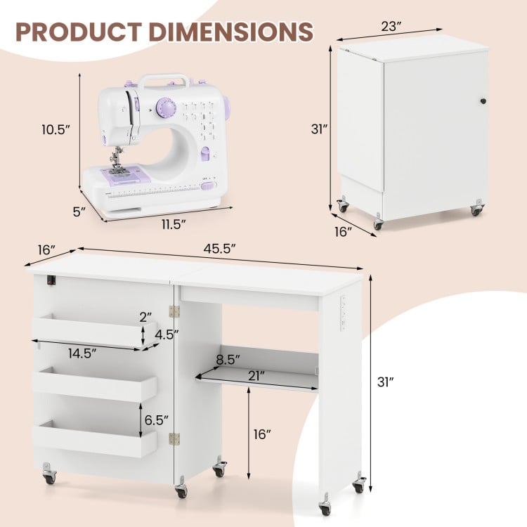 Sewing Machine Table with Charging Station and Lockable Casters-White