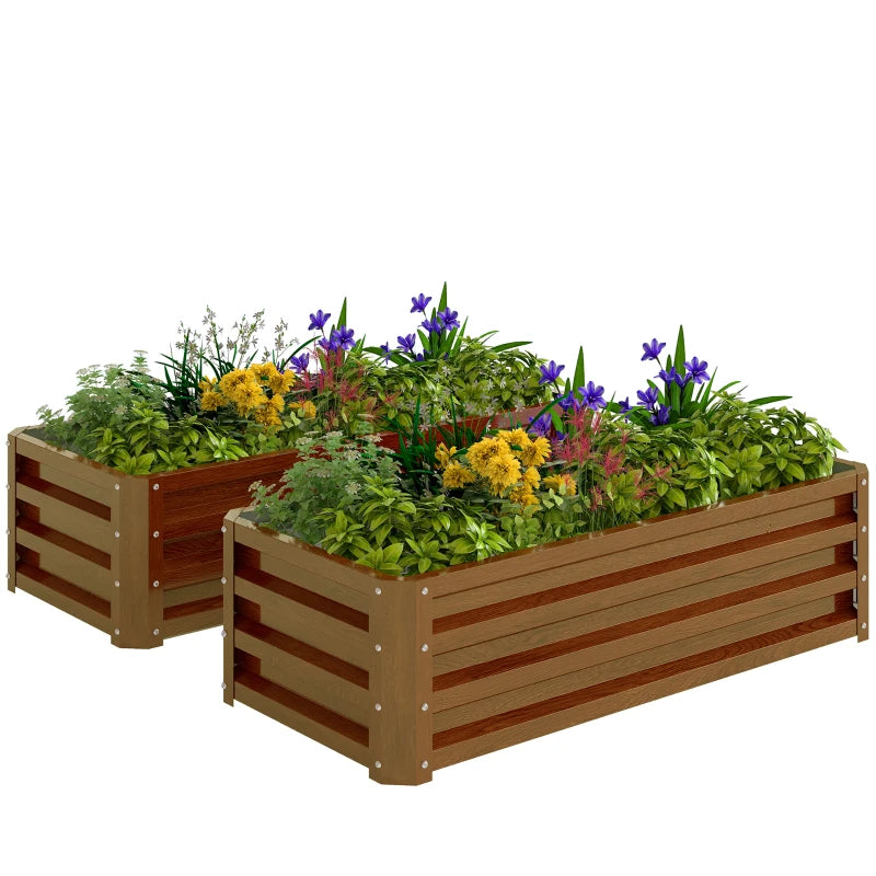 Galvanized Raised Garden Beds, Outdoor Planter Box, Set of 2, for Flowers, Herbs and Vegetables, Brown Wood Effect