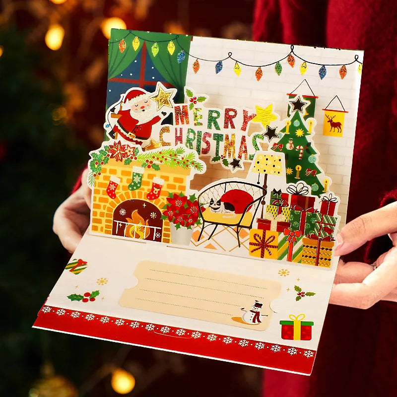 3D Santa Greeting Cards Folding Merry Christmas Best Wishes Card Xmas Gift for New Year Blessing Thank You Postcard Decoration