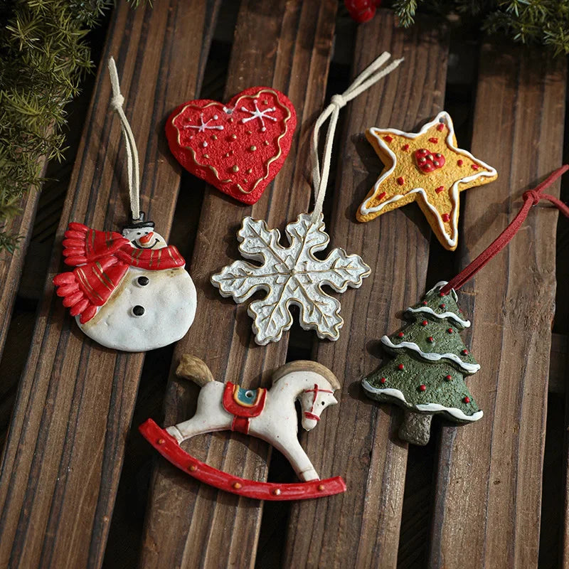 Christmas Elements Hanging Ornaments Resin Snowflake Wooden Horse Snowman Santa Claus Pendant Home Xmas Tree Decorations Gifts