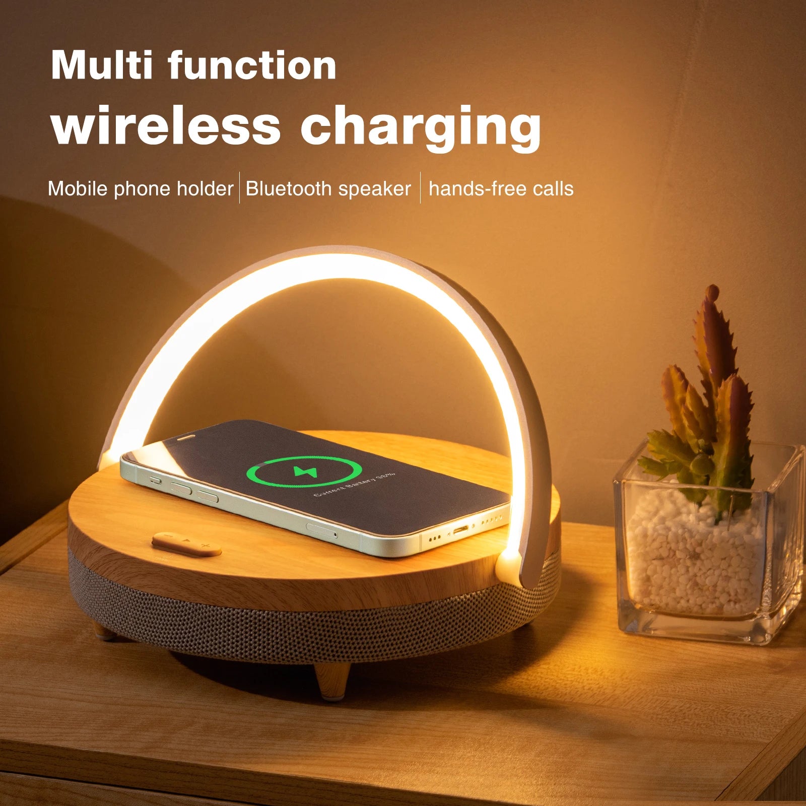 S21 Pro Wood Wireless Charger with LED Lamp and Bluetooth Speaker – 15W High Power Fast Charging for iPhone 14