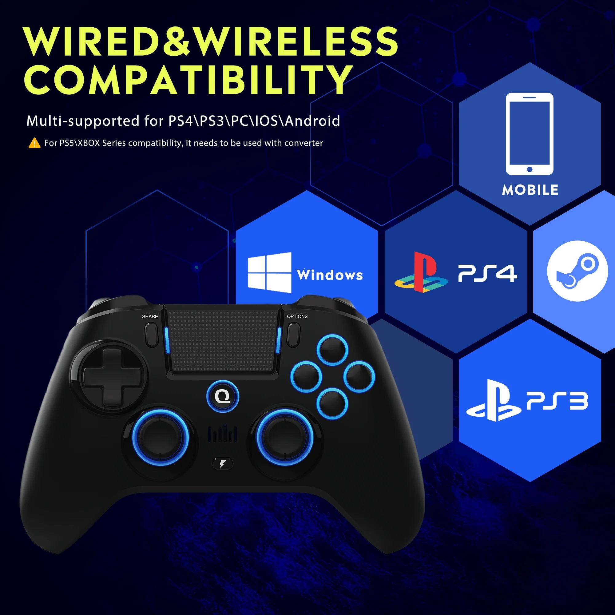 QRD Spark N5 Wireless Controller - Compatible with PS4, PS3, PS2, iOS, Android, PC, Hall Effect, 9-Color LED Lights, Vibration Effect