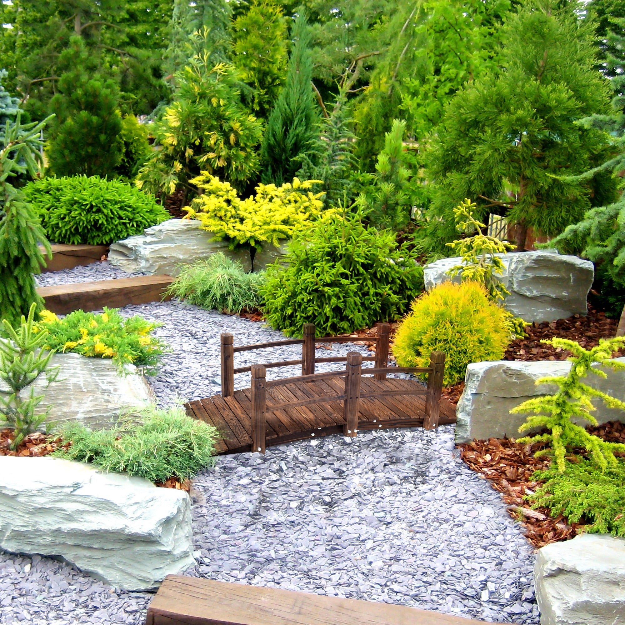 Outsunny 5FT Wooden Garden Bridge Outdoor Decorative Landscape Side Rails Moon Bridge Stained