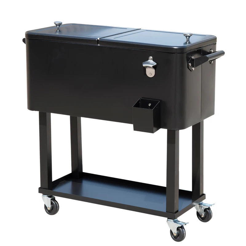 80 Quart Rolling Cooler Cart Portable Patio Ice Beer Beverage Cooling Bin for Outdoor Party w/ Bottle Opener & Storage Shelf Black
