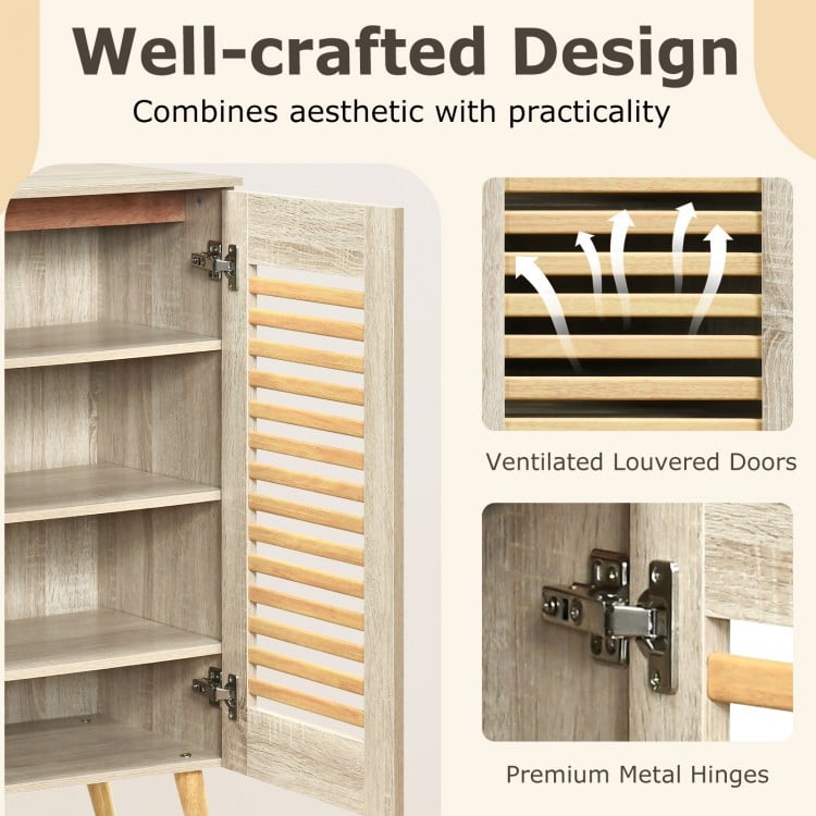 Shoe Cabinet with Louvered Doors and Removable Shelves-Natural