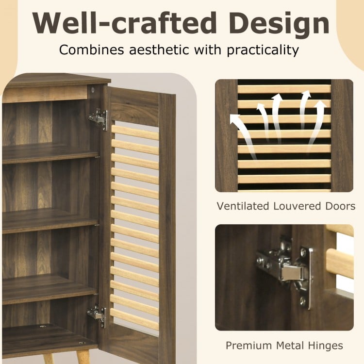Shoe Cabinet with Louvered Doors and Removable Shelves-Walnut