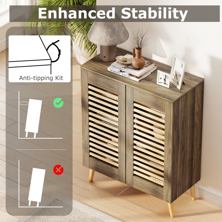 Shoe Cabinet with Louvered Doors and Removable Shelves-Walnut