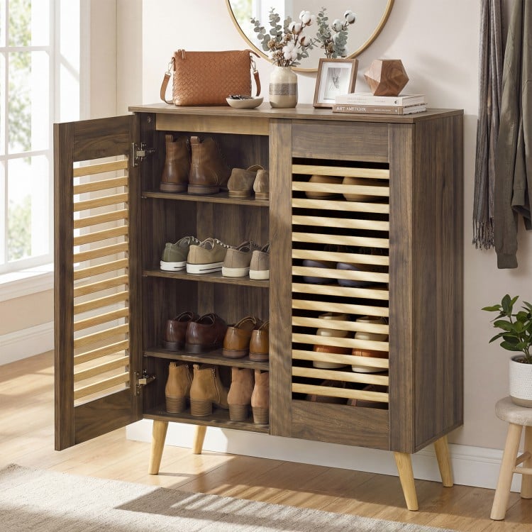 Shoe Cabinet with Louvered Doors and Removable Shelves-Walnut