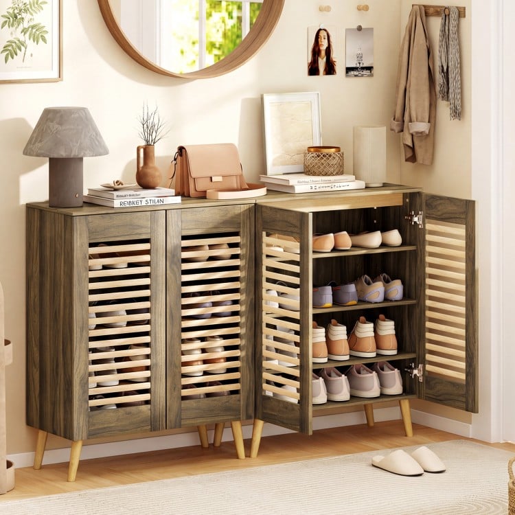 Shoe Cabinet with Louvered Doors and Removable Shelves-Walnut