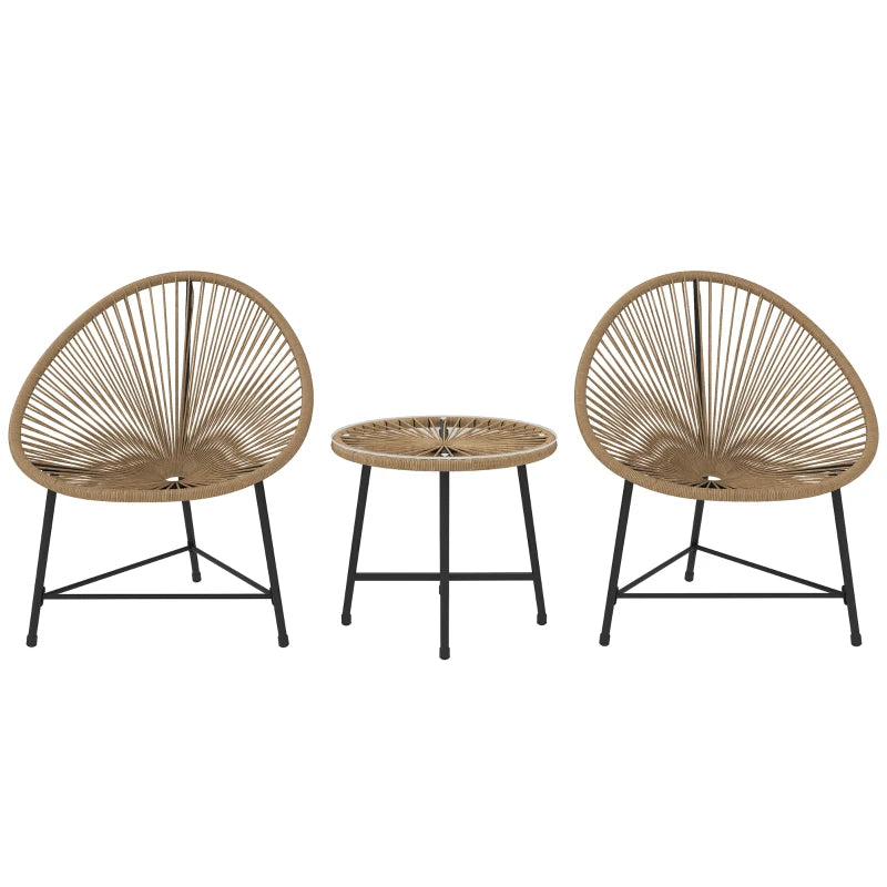 Outdoor Bistro Set, 3 Piece Wicker Patio Furniture Set with Acapulco Chairs and Glass-Top Table, Natural Wood