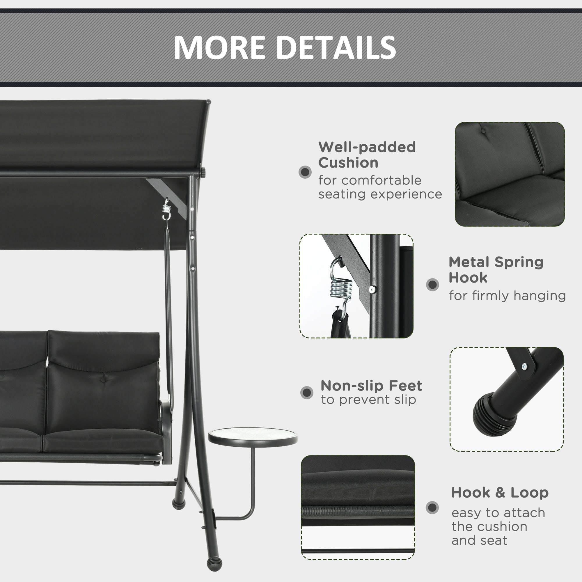 Outsunny 3 Seat Outdoor Swing Bench with Adjustable Canopy Coffee Table Cushions for Patio Garden Black