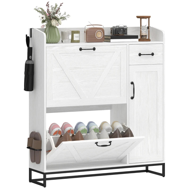 Farmhouse Shoe Storage Cabinet with Side Cabinet and Adjustable Shelves for Entryway, Hallway, Holds 12 Pairs, White