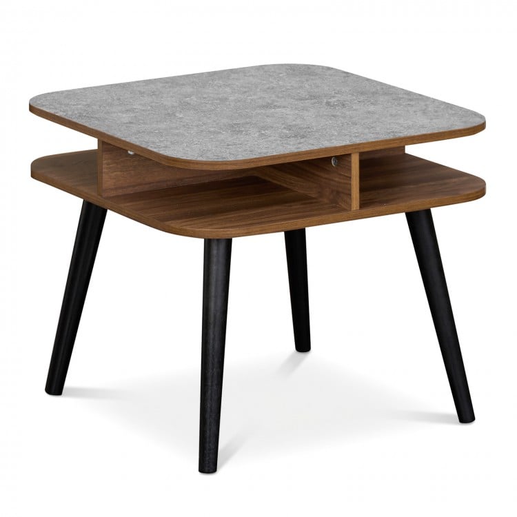 Side Table Faux Marble End Table with Storage Shelves and Rubber Wood Legs-Walnut
