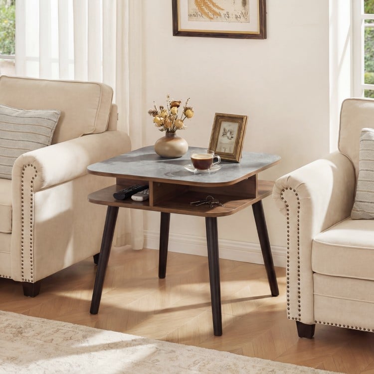 Side Table Faux Marble End Table with Storage Shelves and Rubber Wood Legs-Walnut