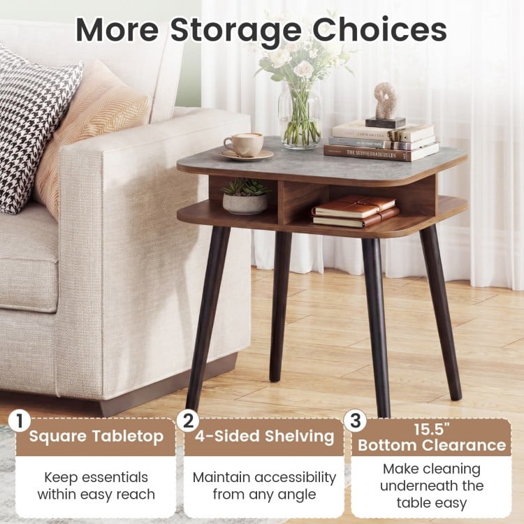 Side Table Faux Marble End Table with Storage Shelves and Rubber Wood Legs-Walnut
