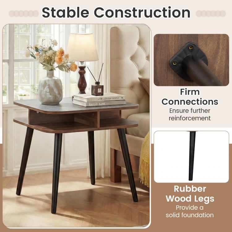 Side Table Faux Marble End Table with Storage Shelves and Rubber Wood Legs-Walnut