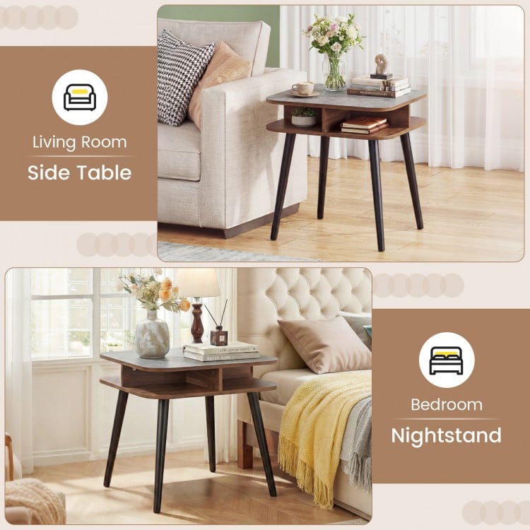 Side Table Faux Marble End Table with Storage Shelves and Rubber Wood Legs-Walnut