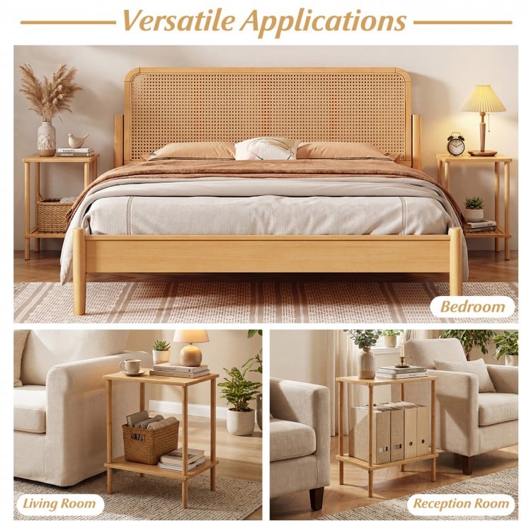 Side Table Set of 2 2-Tier Bamboo End Table with Storage Shelves Rectangular Tea Sofa Table-Natural
