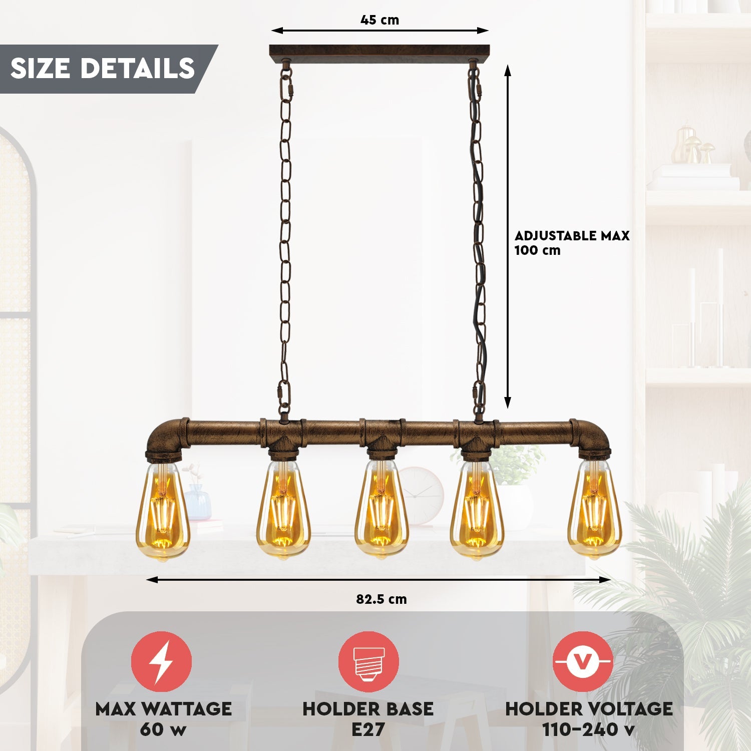 Waterpipe Ceiling Light 5 Light Chandelier Brushed Copper