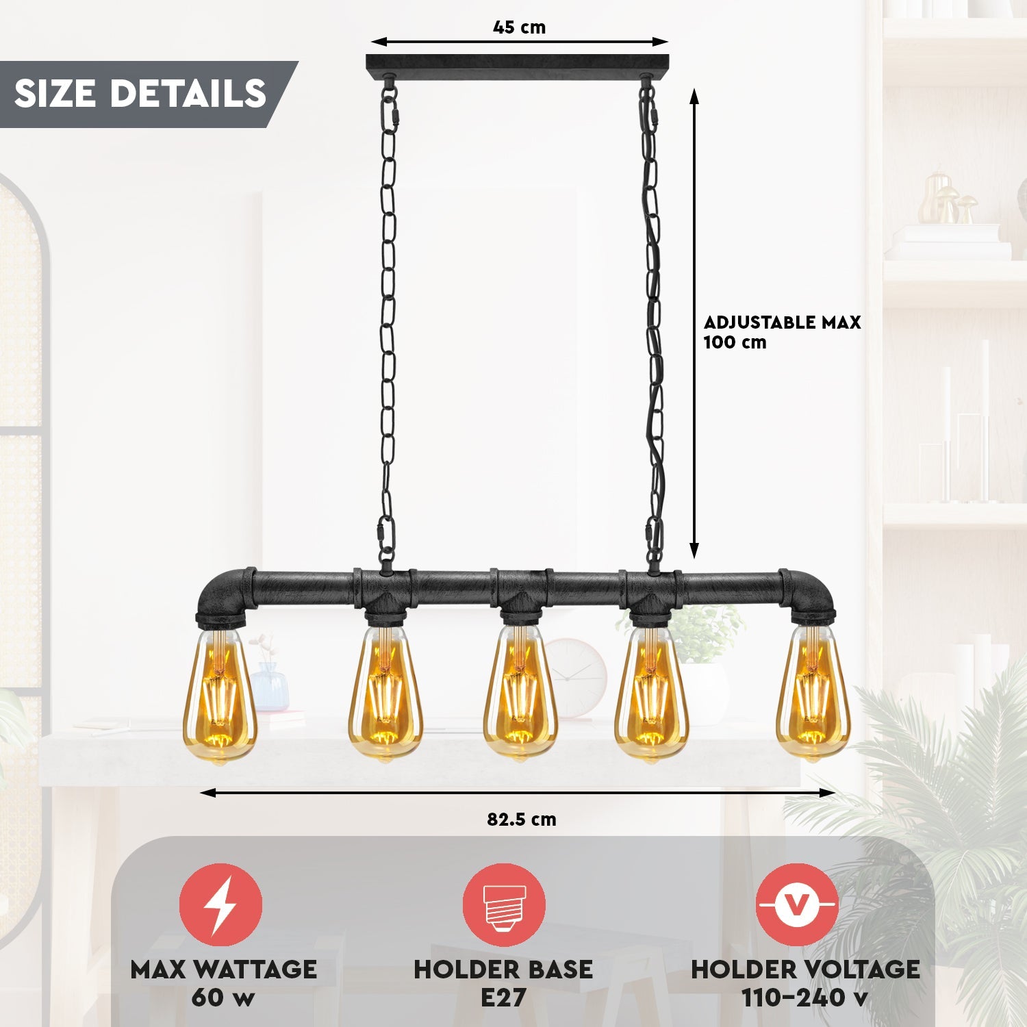 5-Head Water-Pipe Ceiling Light in Black~1341