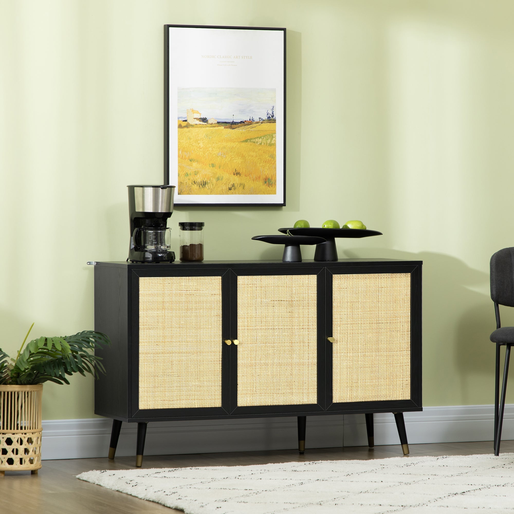 HOMCOM Black & Natural Rattan Sideboard: Kitchen Buffet Cabinet with Storage Shelves & Wood Legs for Living Areas