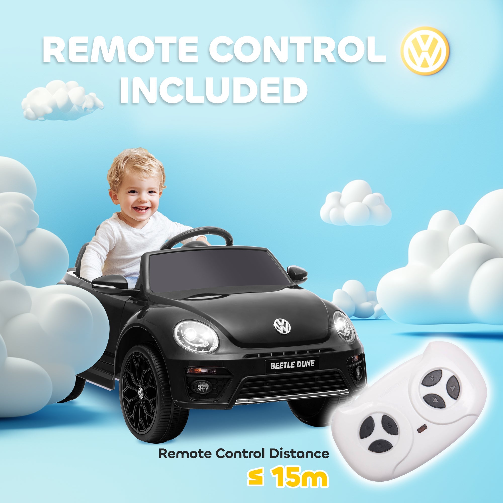 Qaba 12V Volkswagen Beetle Licensed Electric Car for Kids w/ Remote Control, 4 Spring Suspension Wheels, Soft Start, Black