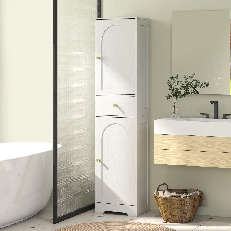 67" Tall Bathroom Cabinet, Slim Bathroom Storage Cabinet with 2 Doors, Drawer and Adjustable Shelf, White Wood Grain