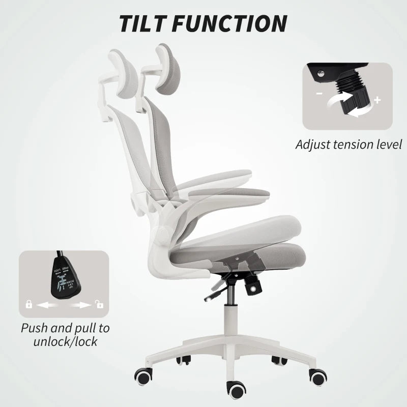 Ergonomic Mesh Office Chair, High Back Desk Chair with Rotatable Headrest, Flip-Up Armrests, Lumbar Support, Grey
