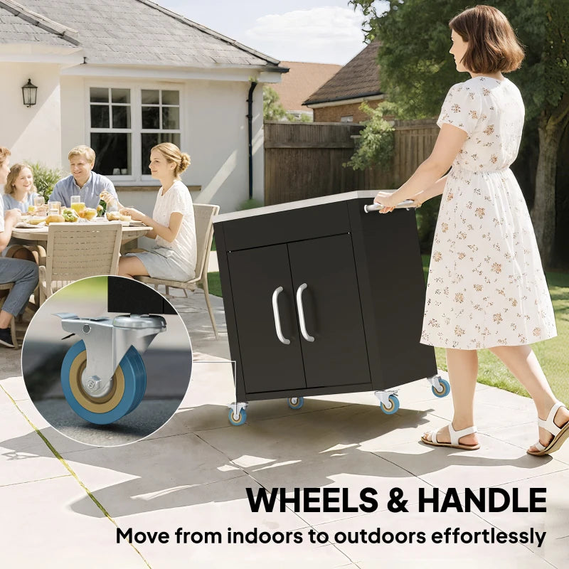 Outdoor Grill Cart with Stainless Steel Top, Pizza Oven Table with Wheels Hooks Cabinet Handles, Black