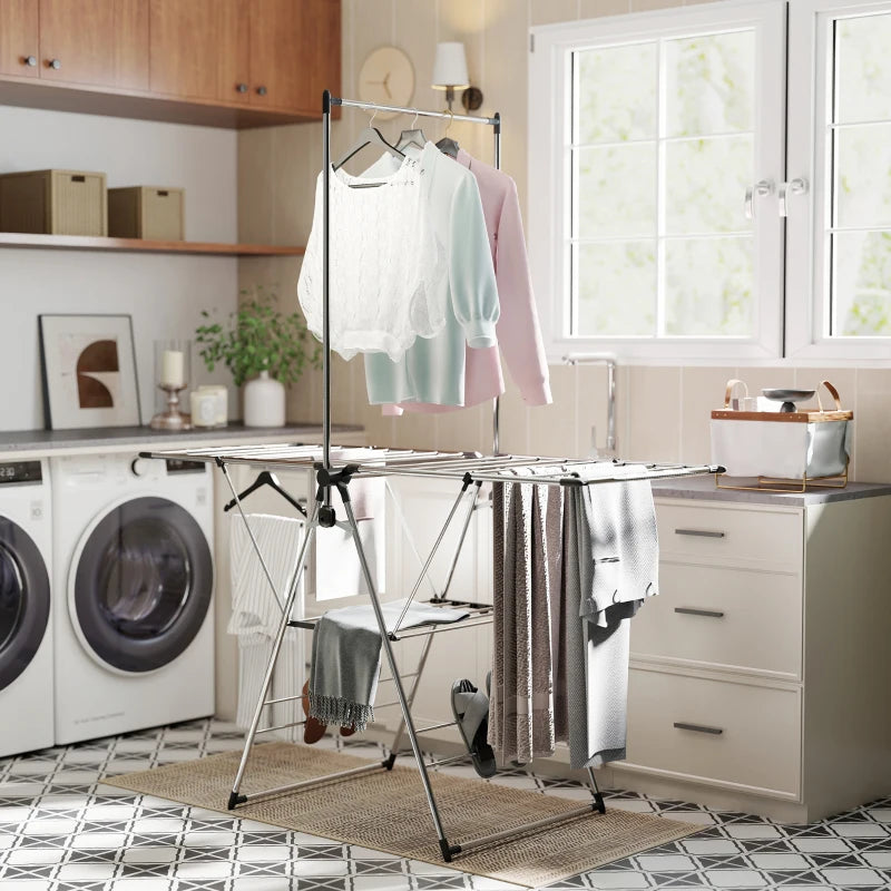 Clothes Drying Rack, Foldable Stainless Steel Laundry Drying Rack with Adjustable Gullwings and Shoe Holders, Silver