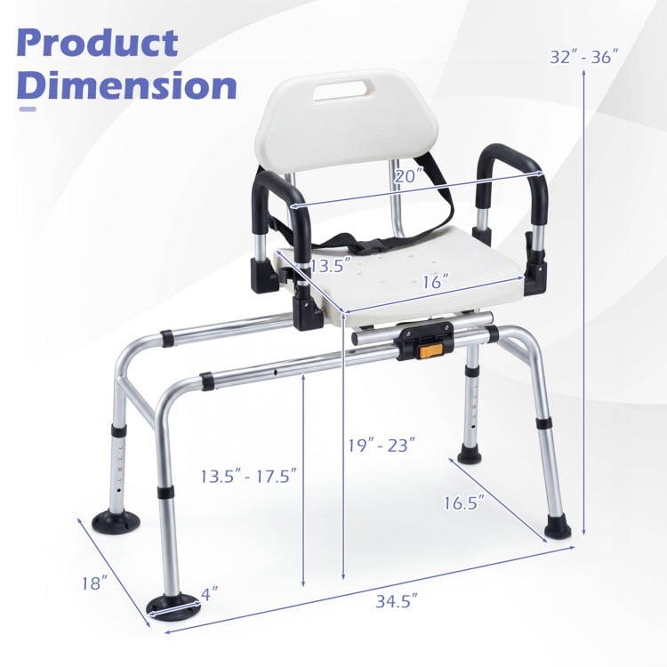 Sliding Shower Chair with Backrest and Swivel Seat for Handicap and Seniors-Silver