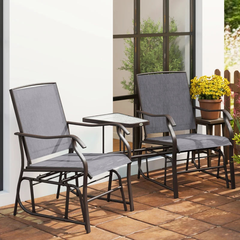 Double Patio Glider Chair with Glass Top Center Table, Outdoor Glider Loveseat with High Back, All Weather Breathable Mesh Fabric for Garden, Backyard, Deck, Grey