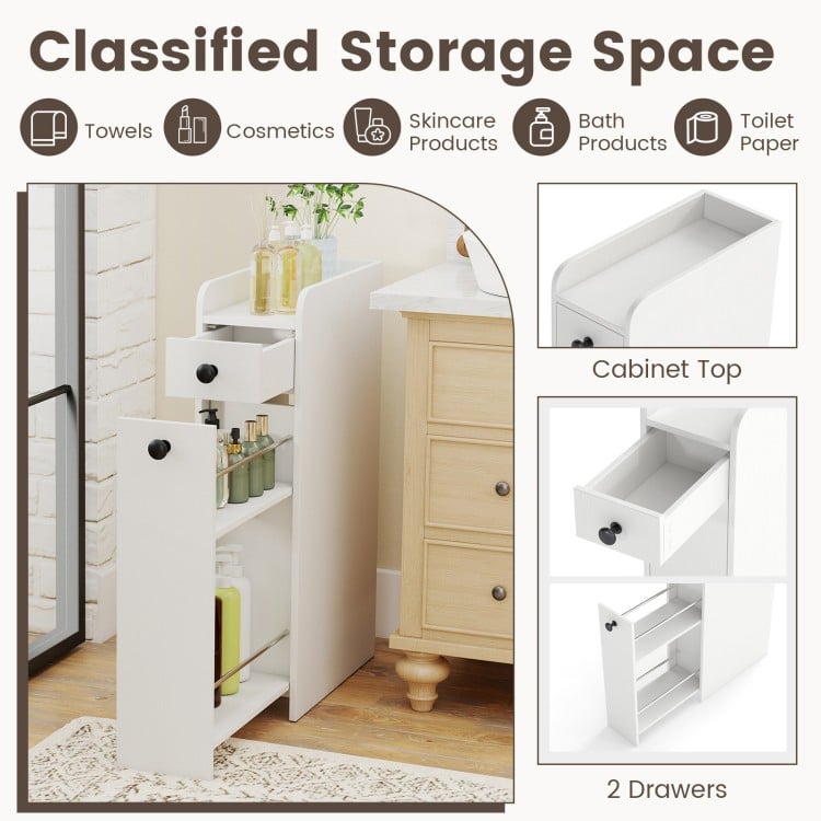 Small Bathroom Storage Cabinet 4-Tier with Slide Out Drawers on Casters-White