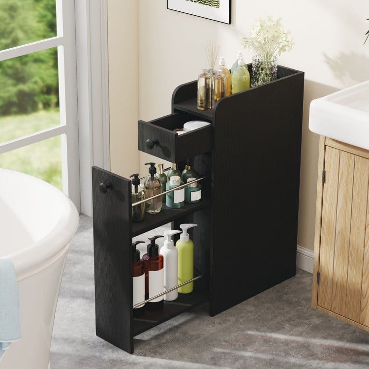 Small Bathroom Storage Cabinet 4-Tier with Slide Out Drawers on Casters-Black