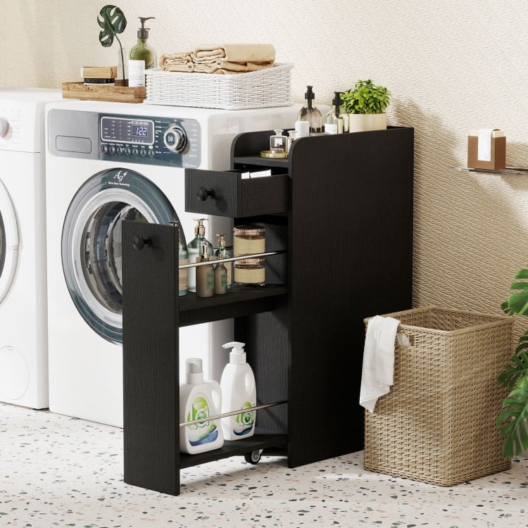 Small Bathroom Storage Cabinet 4-Tier with Slide Out Drawers on Casters-Black